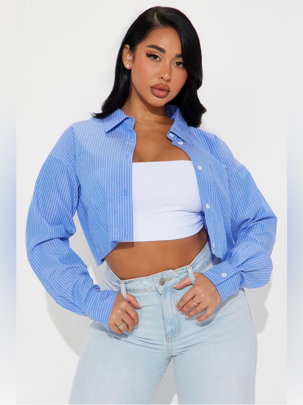 Fashion Nova Blue Pinstripe Cropped Button-Up